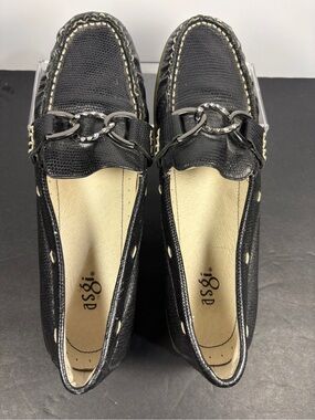 asgi Black Lizard Embossed Leather Driving Loafers with Silver Rhinestone Detail